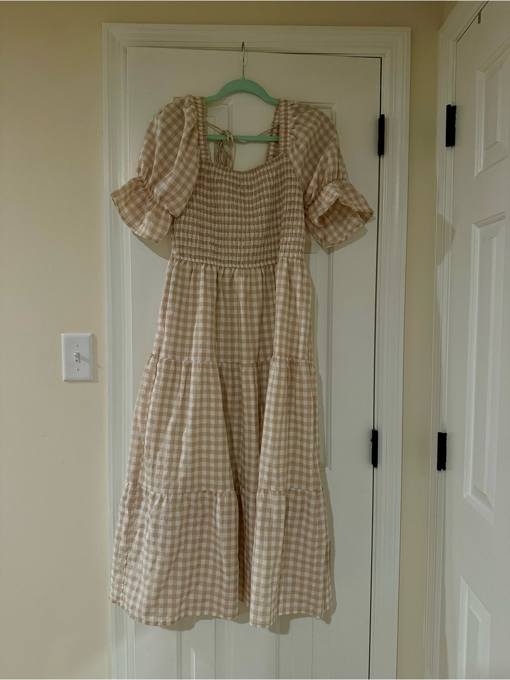 Smocked Beige Gingham Tiered Midi Dress